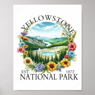 Póster Parque Nacional Yellowstone Floral Senderismo Camp