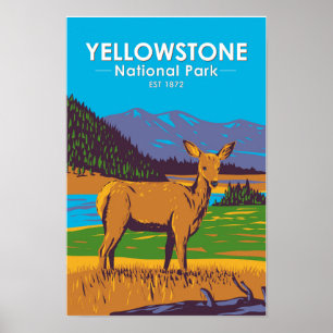 Póster Parque nacional Yellowstone Mule Deer Vintage