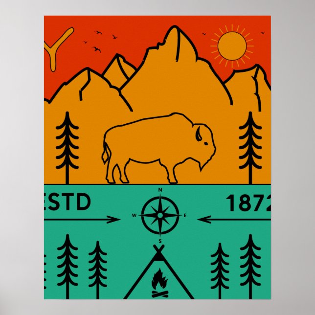 Póster Parque nacional Yellowstone Retro Wyoming USA Biso (Frente)