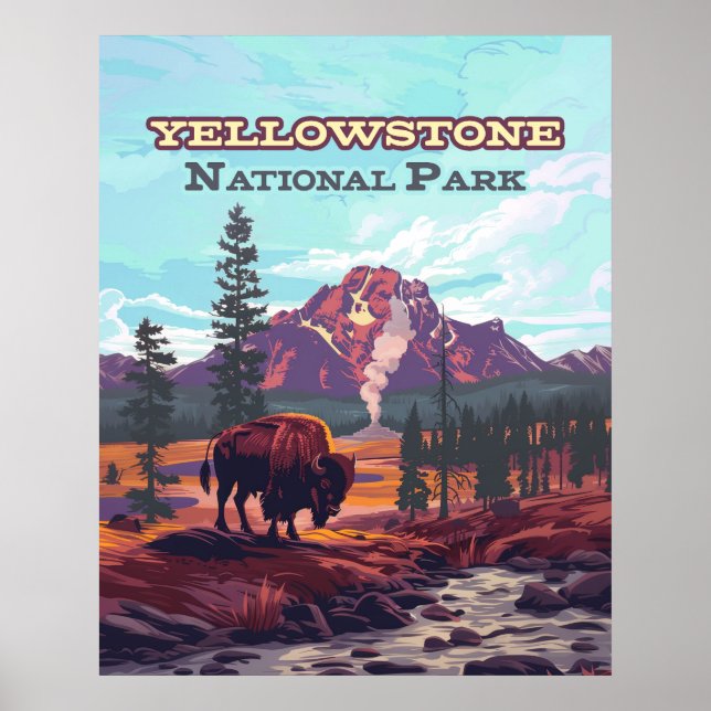 Póster Parque nacional Yellowstone Wyoming Bison Geyser (Frente)