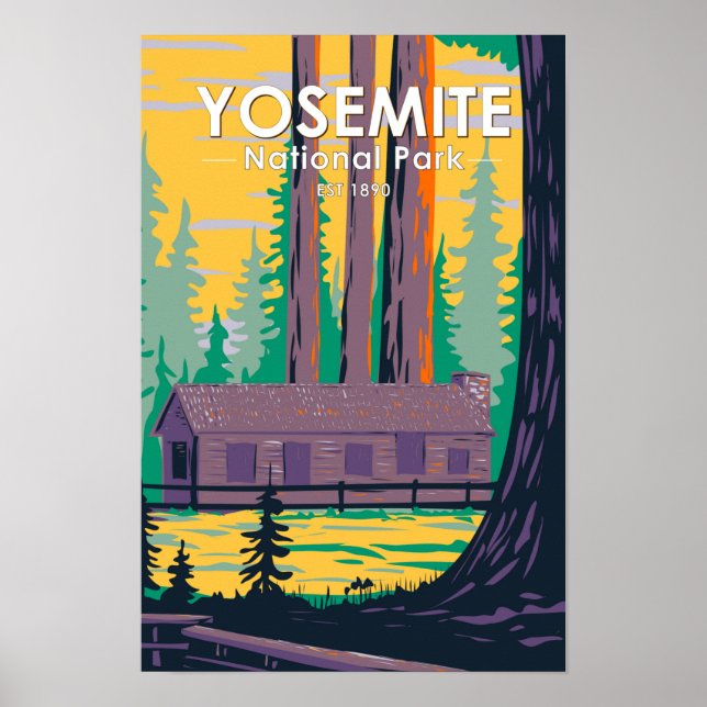 Póster Parque nacional Yosemite Mariposa Grove Cabin Retr (Frente)