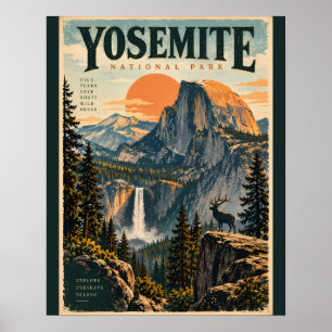 Póster Parque Nacional Yosemite Paisaje Vintage con Maje