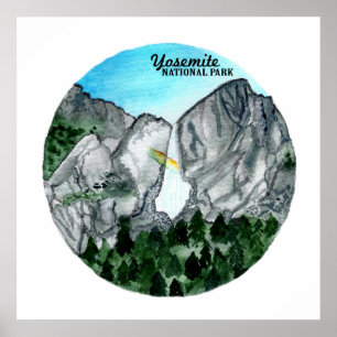 Póster Parque nacional Yosemite Watercolor Yosemite Falls