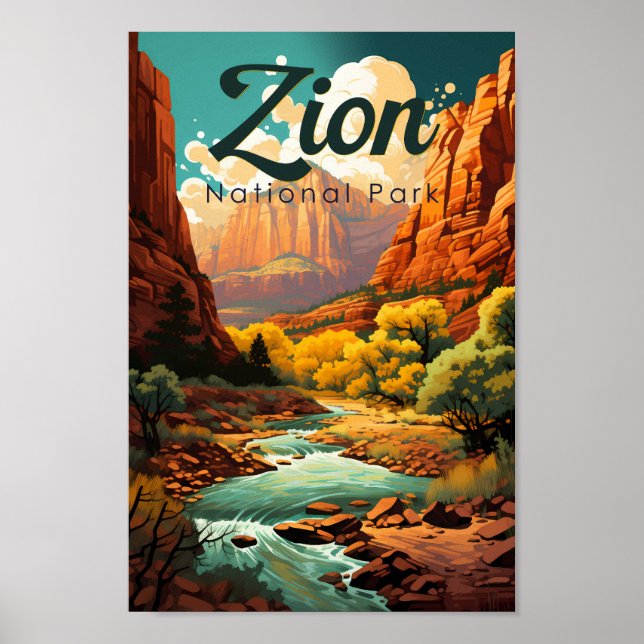 Póster Parque nacional Zion Ilustracion Retro (Frente)
