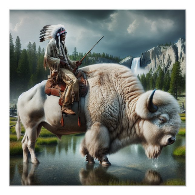 Póster Parque Yellowstone blanco búfalo con arte indio (Anverso)