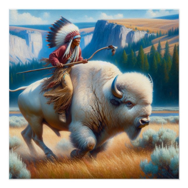 Póster Parque Yellowstone blanco búfalo con arte indio (Anverso)