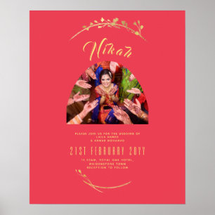 Póster Participación del Boda de fotografía de oro rojo N