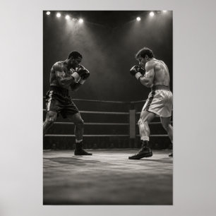 Póster Partido de boxeo en blanco y negro Dos boxeadores