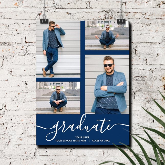 Póster Partido de Graduación Azul de la Marina Multifoto (Multi Photo Navy Blue Graduation Party Poster, INSTANT DOWNLOAD and/or PRINTED)