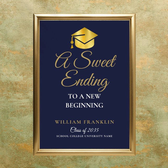 Póster Partido De Graduación Azul Y Oro De La Marina Dulc (Navy Blue And Gold Graduation Party Sweets Sign)