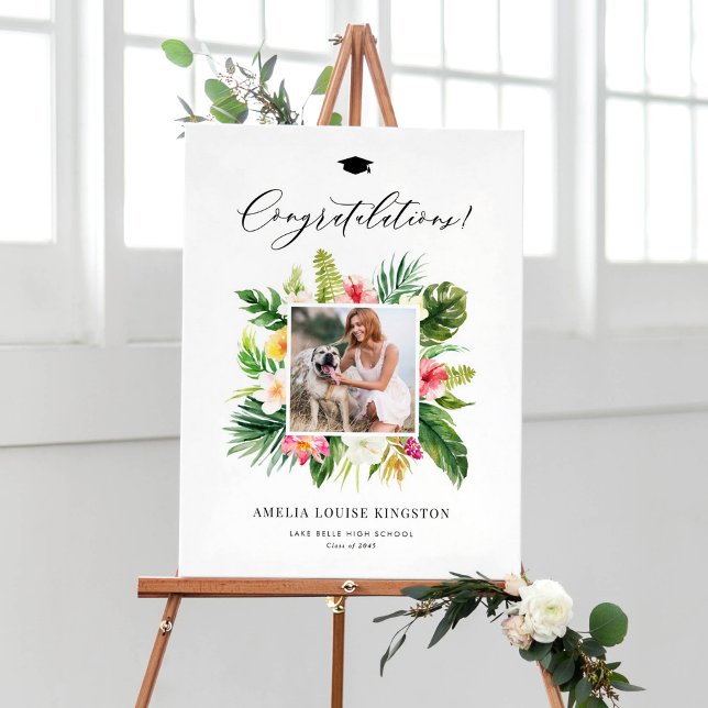 Póster Partido de graduación de fotos de tramas tropicale (Watercolor Tropical Frame Photo Graduation Party Poster)