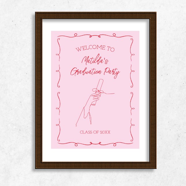 Póster Partido de Graduación Rosa y Roja dibujado a mano (Hand Drawn Illustrated Pink & Red Graduation Party Poster)