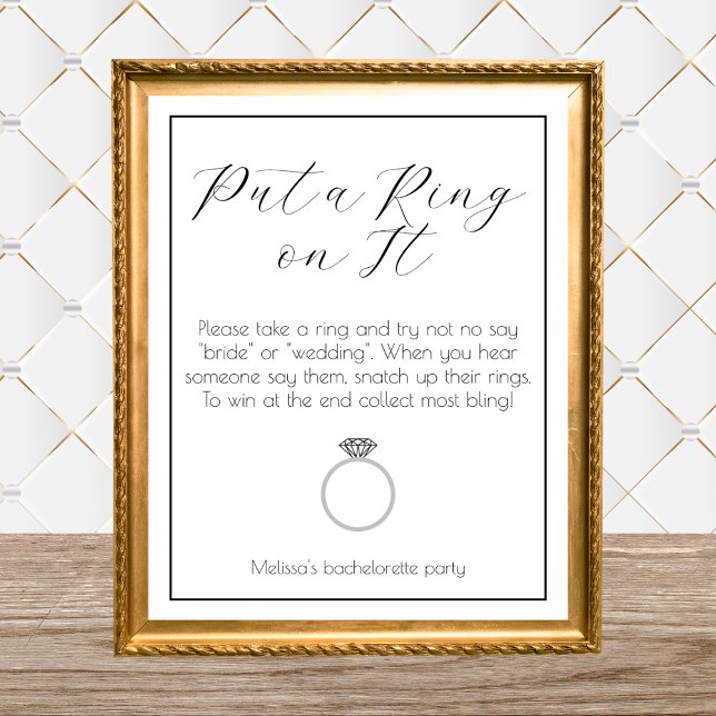 Póster Partido de la Bachelorette del Juego del Anillo El (ring game bachelorette party ring game bridal shower elegant minimalist black and white)