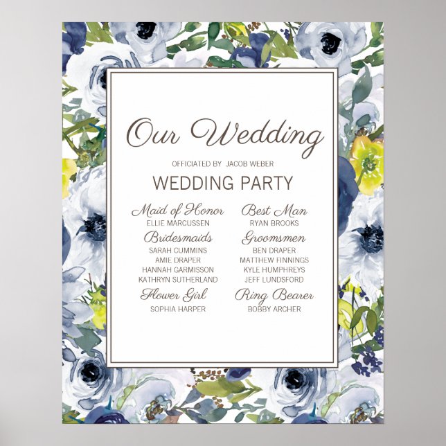 Póster Partido de la Boda Floral Blanca Amarillo Azul de  (Frente)