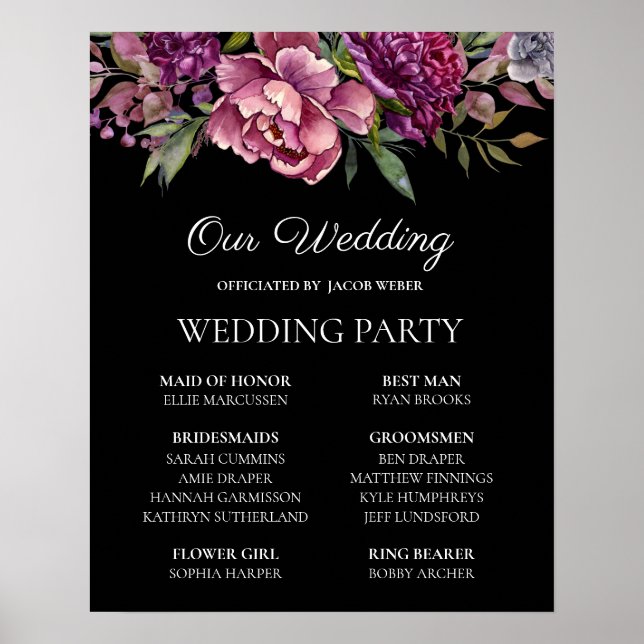 Póster Partido de la Boda Negra con Flores Púrpura (Frente)