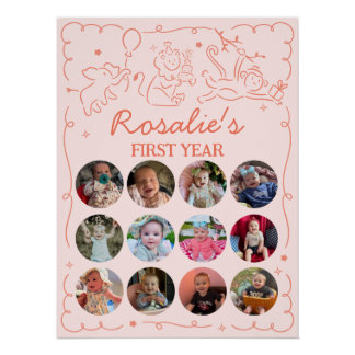 Póster Party Animals Girl's First Birthday Photo Collage