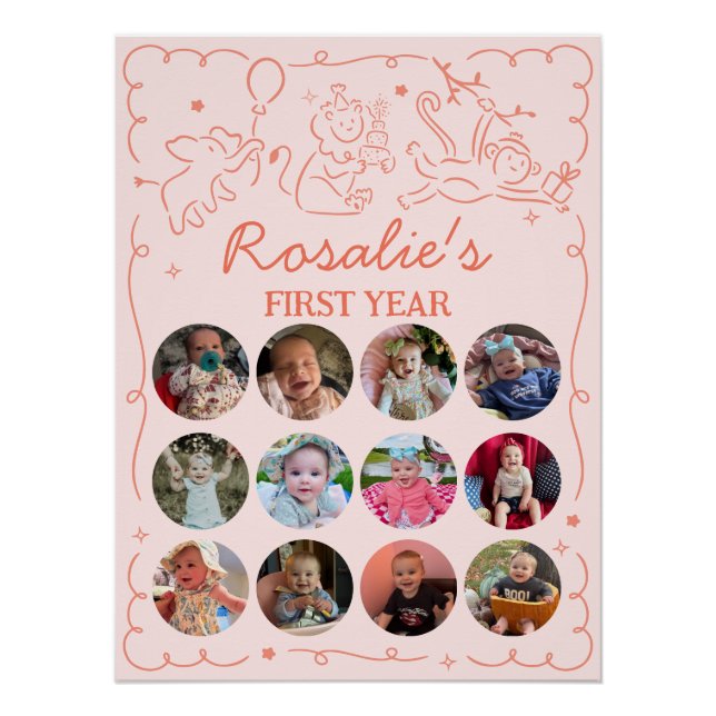 Póster Party Animals Girl's First Birthday Photo Collage (Anverso)