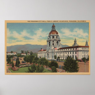 Póster Pasadena, CA - vista ayuntamiento y público Librar