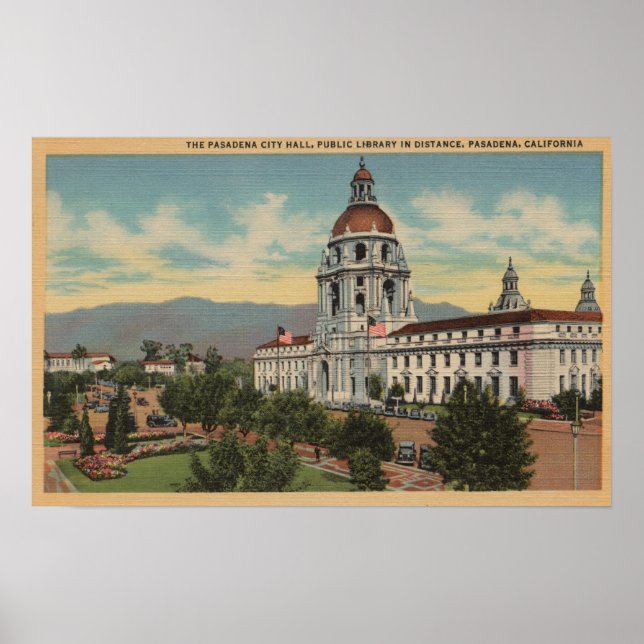 Póster Pasadena, CA - Vista del ayuntamiento y la bibliot (Frente)