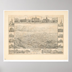 Póster Pasadena, mapa panorámico del CA (1305A)