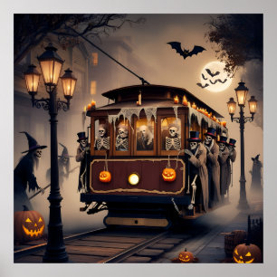 Póster pasajeros de esqueleto viajando en halloween en te