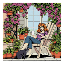 Póster Pasando el tiempo con mi gato, café y plantas