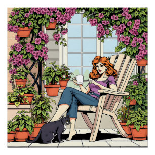 Póster Pasando el tiempo con mi gato, café y plantas