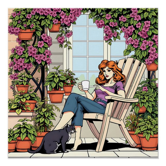 Póster Pasando el tiempo con mi gato, café y plantas (Anverso)