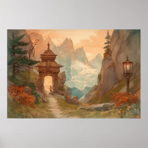 Póster Pasarela de montaña acuarela a un nuevo mundo