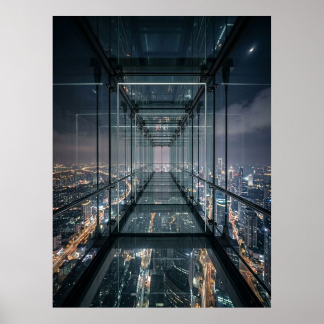 Póster Pasarela de vidrio sobre la ciudad de neón (Frente)