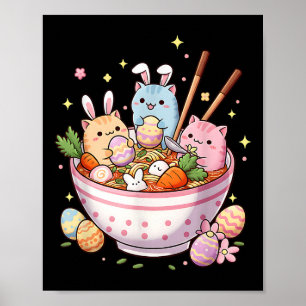 Póster Pascua de Ramen gatos lindo de anime feliz día de 