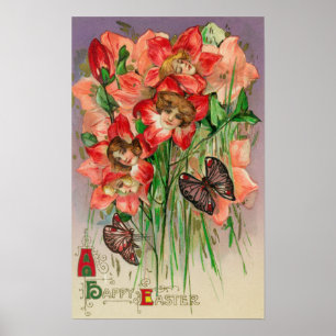 Póster Pascua feliz con flores de cabeza de las mujeres