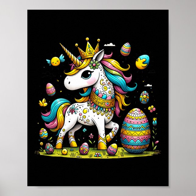 Póster Pascua, unicornio, cosecha de huevos y regalo de C (Frente)