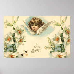 Póster Pascua vintage, Ángel Victoriano con flores Lily