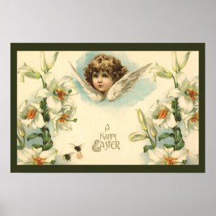 Póster Pascua vintage, Ángel Victoriano con flores Lily