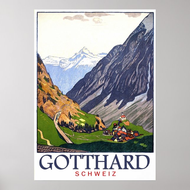 Póster Pase Gotthard, Suiza, aldea, vintage (Frente)