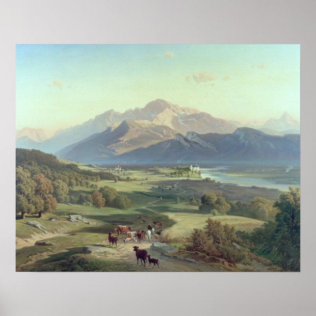 Póster Paseo a caballo con su ganado en una montaña (Frente)