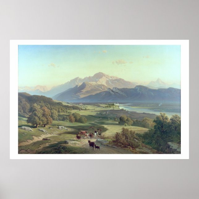 Póster Paseo a caballo con su ganado en una montaña (Frente)