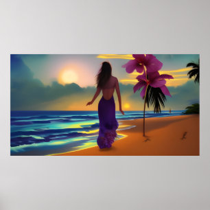 Póster Paseo bajo la luz de la luna en la playa mujer océ