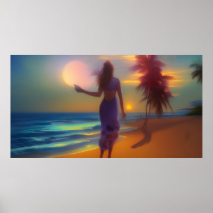 Póster Paseo bajo la luz de la luna en la playa mujer océ