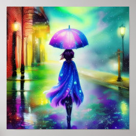Póster Paseo colorido bajo la lluvia