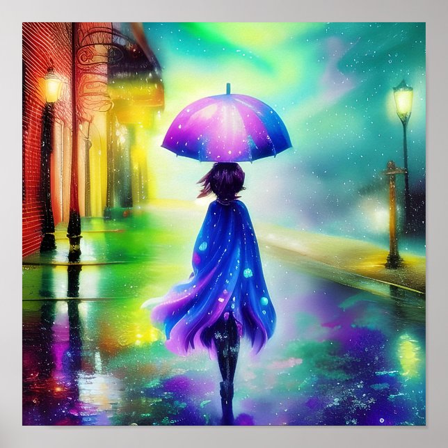 Póster Paseo colorido bajo la lluvia (Frente)