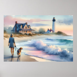 Póster Paseo costero hacia el faro al atardecer