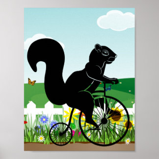 Póster Paseo de ardillas en bicicleta antigua