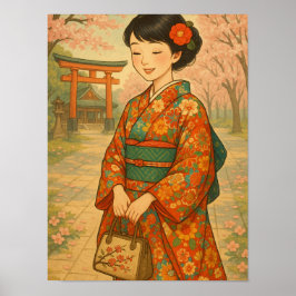 Póster Paseo de flores de cerezo - Chica japonés en Kimon