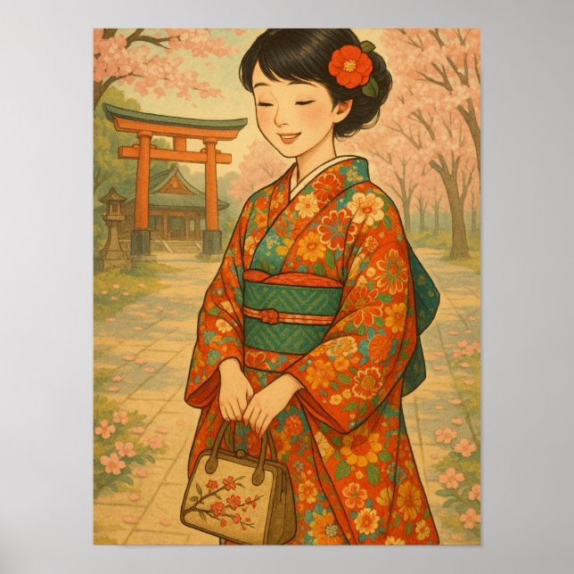 Póster Paseo de flores de cerezo - Chica japonés en Kimon (Frente)