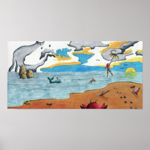 Póster Paseo de paraguas por el océano