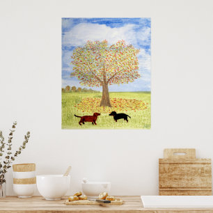 Póster Paseo de perros Dachshund por árbol de otoño