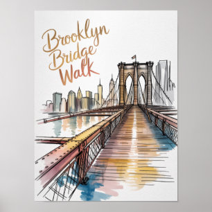Póster Paseo del Puente de Brooklyn Tinta y Acuarela