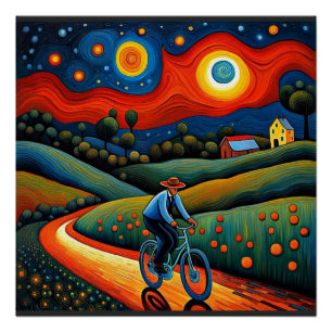 Póster Paseo en bicicleta por la noche estrellada 1